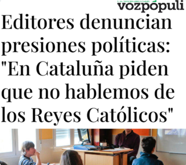 CCivicaCatalana's tweet photo. Los editores de libros de texto, hartos del cachondeo autonómico:

"En España tenemos 17 sistemas educativos totalmente descoordinados unos de otros. En Cataluña nos piden no hablar nada de los Reyes Católicos pero sí de una supuesta 'Corona catalano-aragonesa' que nunca existió" https://t.co/d2dF3qtrDn