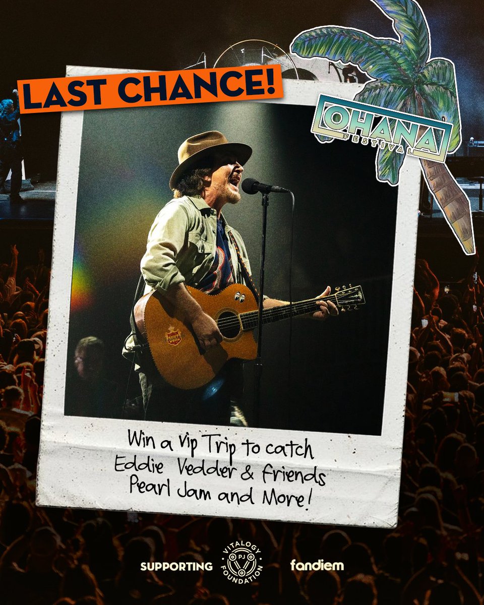 PearlJam's tweet photo. LAST CHANCE to win a trip to see Pearl Jam and Eddie & Friends at @TheOhanaFest, plus a PJ-signed poster and more!

Donate now to receive 2X entries and double your chance to win before the sweeps ends on Sept. 9 at 11:59pm PT. Help support the band's Vitalogy Foundation and Ohana's non-profit partners for your chance to win VIP passes, artist lounge access, a backstage tour, flights, hotel and more. 

Enter to win at: https://t.co/oNKBdeYfff