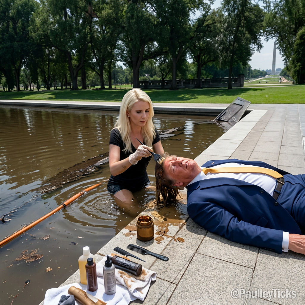 PaulleyTicks's tweet photo. OK, so now this explains two things: Trump's new shit-brown hair color and the shit-filled Reflecting Pond. https://t.co/ANOqWcDxnX