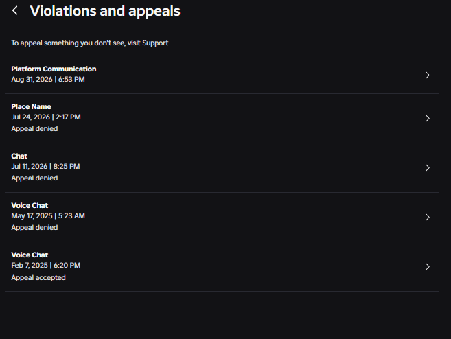 AAAAAAAA8v's tweet photo. I was termed on Roblox 6 days ago for Harmful Content/Behavior after going AFK while prompting a money system twice to Roblox Studio AI (was given internal error message both times). I would also like to add in that my Account standing was on Green / All Good before this. I have lost ~$140,000 worth of Devex items / Robux due to this.

I was never sent an email and my appeal is being ignored. I am not being sent emails whenever I send in appeals (I've tried every method listed on here (Bug Report, Appeal Content, Appeal Behavior).
I also tried requesting my ROA (Right of Access) and I was also ignored.

I was sent a Chat Evidence ID on my term message which gives me 0 Evidence on my term.

Players are reporting that Appeals & MIDRs are being auto rejected. This genuinely needs to be looked into.

If anyone from the Roblox Moderation / Roblox Intern / Roblox Support team can look into this that would be great.

My Situation -
User: xzyvyzx
Termed: August 31st
Reason: Harmful Content/Behavior
Evidence: Chat Evidence ID:
[2026-08-31] 43be72b2-7bea-5f04-9c99-0382ab71f391

@roblox @robloxdevrel @Roblox_RTC #roblox #robloxsupport #robloxadmin #robloxintern #robloxban #devrel #devex #rdc26