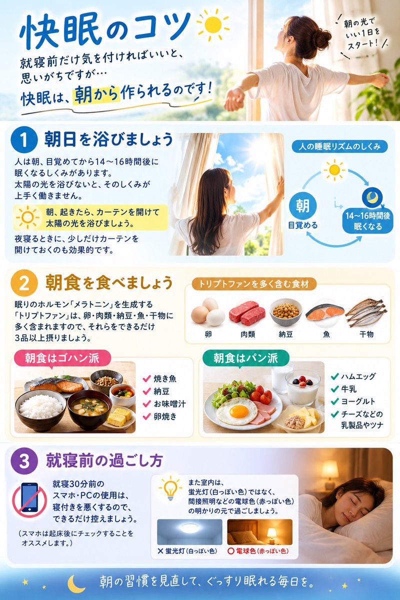 godhandhiro358's tweet photo. 快眠は就寝前だけでなく
朝か��作られます

朝日を浴びると14〜16時間後に
自然な眠気が訪れる仕組みが働きます

朝食では卵・納豆・魚など
トリプトファンを含む食材を

就寝30分前はスマホを控え
照明を電球色に切り替える

この3つで
眠りの質は大きく変わります https://t.co/82P4yPU07z