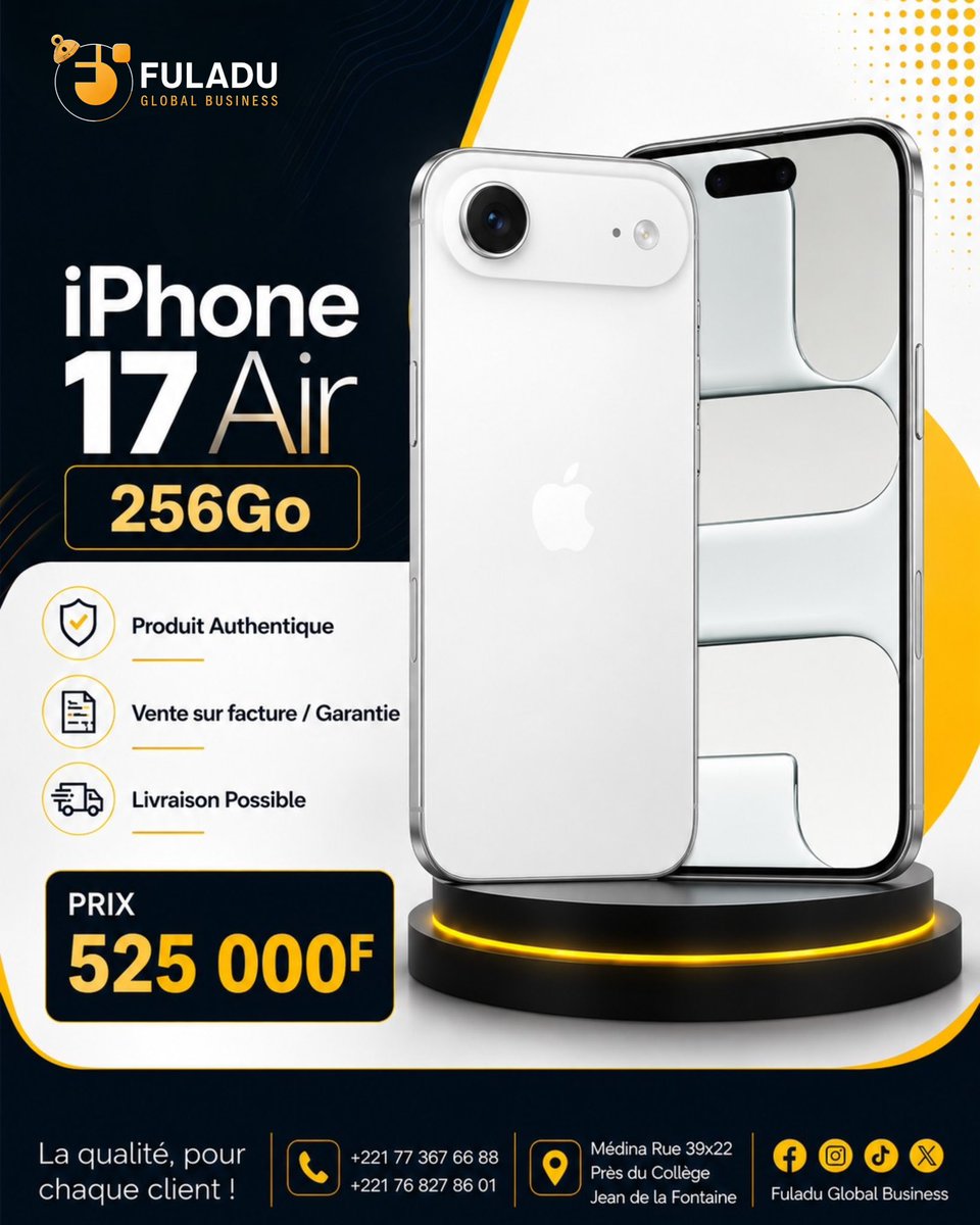 FGlobalBusiness's tweet photo.  iPhone 17 Air 256Go

🏷️525 000F

📞+221 77 367 66 88 - 76 827 86 01 
📍Médina Rue 39x22 
Près du Collège Jean de la Fontaine https://t.co/LWyP6oprtv