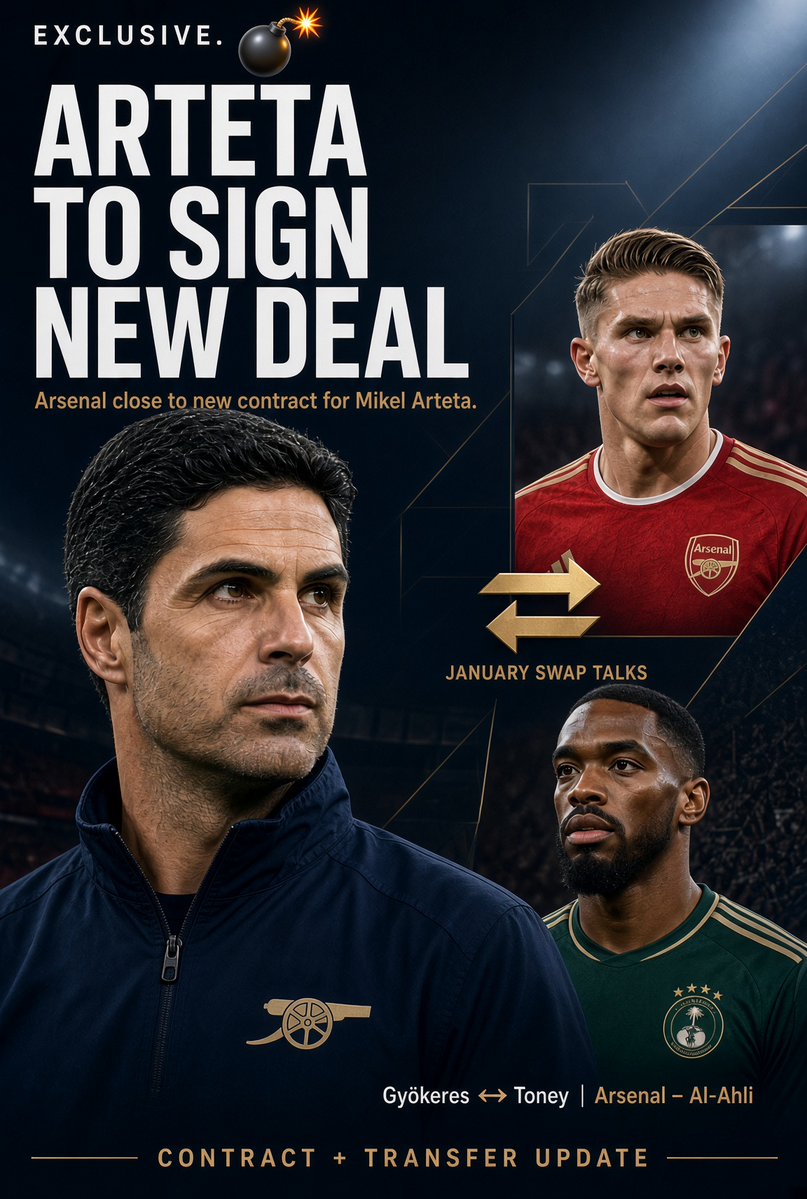 indykaila's tweet photo. Exclusive 💣

Exclusive: Arsenal are in advanced talks over a new contract for Mikel Arteta.

Separately, Arsenal officials have discussed a potential January swap deal with Al-Ahli that would see Viktor Gyökeres move to Saudi Arabia in exchange for Ivan Toney. https://t.co/WhX7SCQ8TI