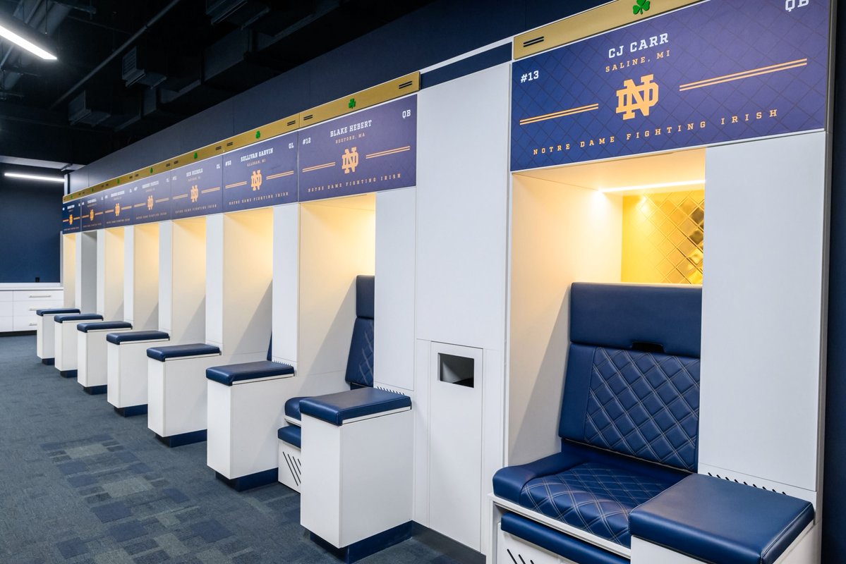 FOS's tweet photo. Notre Dame has opened its brand-new $100M football HQ ☘️

• Elite sports performance center
• Expanded locker room with barbershop
• Expansive auditorium and film theater
• Augmented reality walkthrough room
• Academic support and sports science spaces https://t.co/5ECTuV7yta