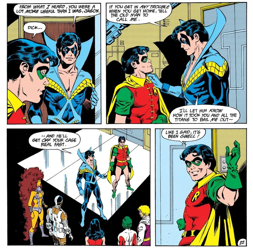 TTHypeTime's tweet photo. One of my fav Dick &amp; Jason sibling moments is in NTT (1984) #31 where Dick tells Jason that if Bruce gives him shit for helping save the world without permission to have Bruce call him and HE'LL deal with it https://t.co/tPUwFsuYek