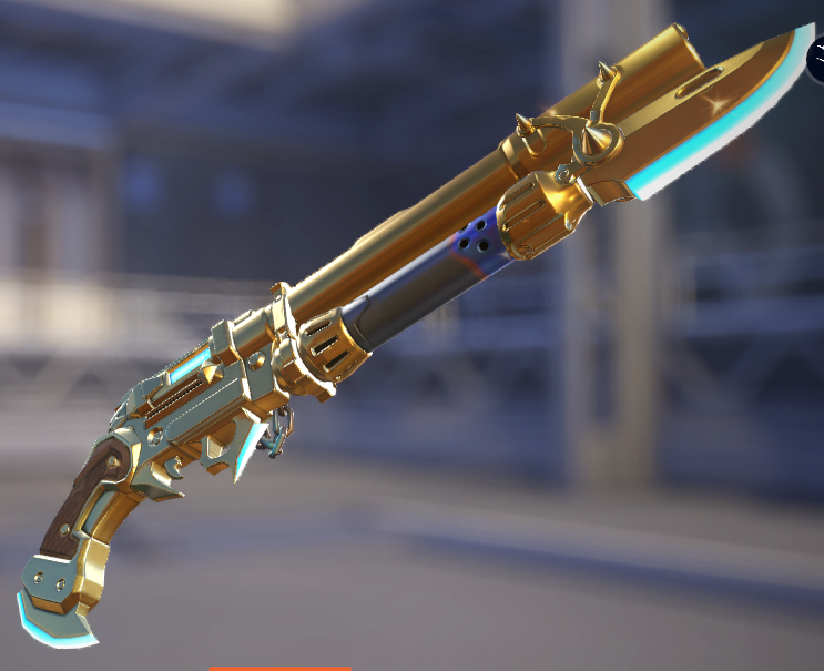 JenkinsDred's tweet photo. @PlayOverwatch can we please get a fix for the Metalcore Junker Queen skin, where the blue edges of the weapons are still there on the shotgun and knife in the weapon variants, but not the axe? really nice skin but this takes away from it for me https://t.co/1f6YsmjJEl