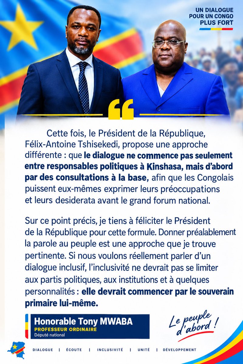 plus24actu's tweet photo. Cette fois, le PR, Félix-Antoine Tshisekedi, propose une approche différente : que le dialogue ne commence pas seulement entre responsables politiques à Kinshasa, mais d’abord par des consultations à la base.
@ProfesseurTony https://t.co/r0Srkk0r8U