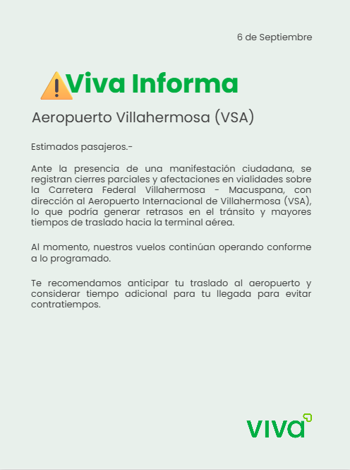 VivaTeEscucha's tweet photo. #VivaInforma #AeropuertoVillahermosa #VSA🚫🚧⚠️

Entérate en tiempo real del estatus de tu vuelo dando clic aquí 👉https://t.co/XYD0VXN859 

Consulta información adicional desde el siguiente enlace 👉 https://t.co/LyVJPgfafH https://t.co/QdXse5kL7C