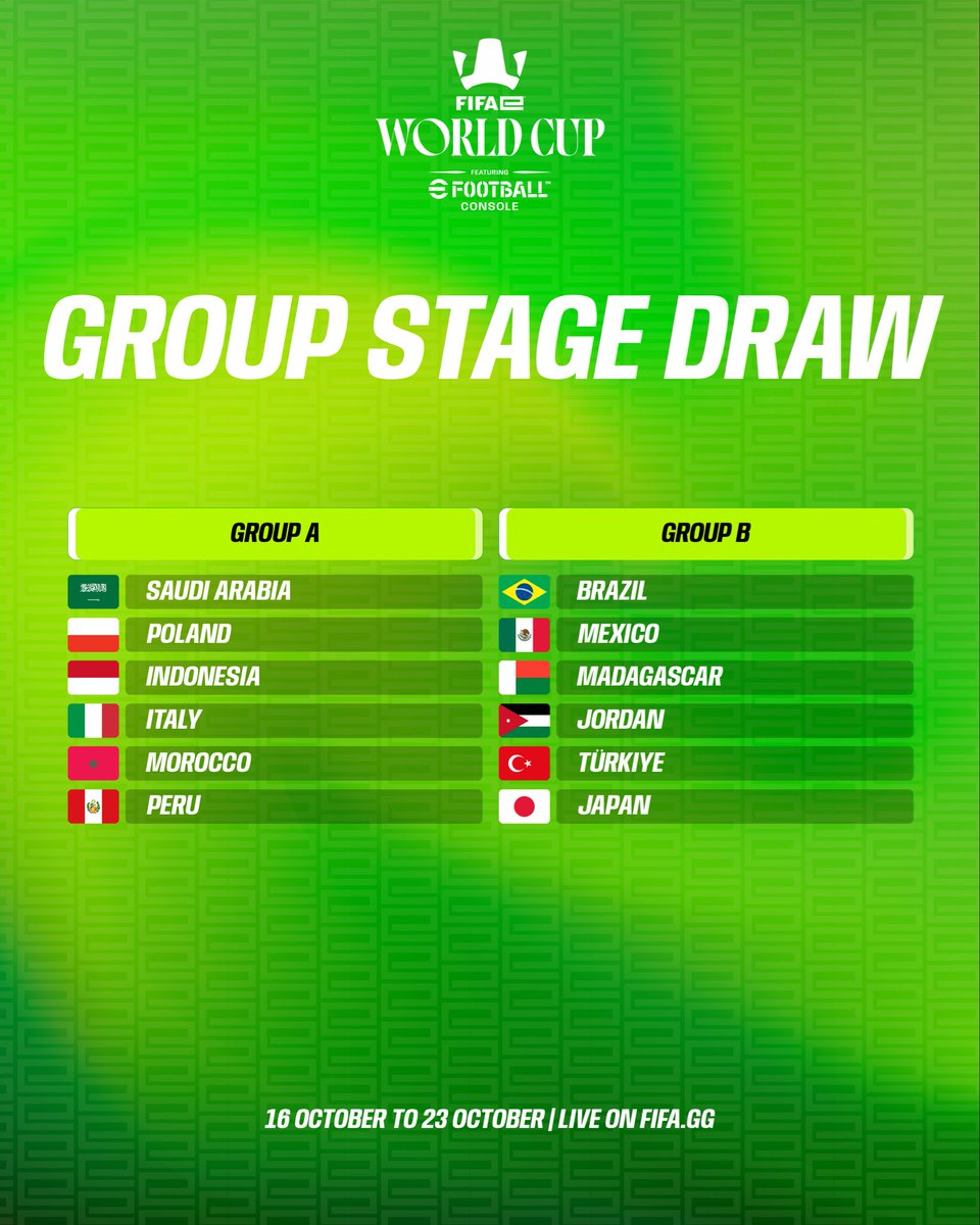 FIFAe's tweet photo. The groups have been drawn! 👀

This is the Group Stage lineup for the FIFAe World Cup 2026 ft eFootball™️ Console!

It all kicks off on October 16th on https://t.co/wKpcObPdKu!

#FeWC #eFootball #GloryAwaits https://t.co/ZKcFlEj9dU