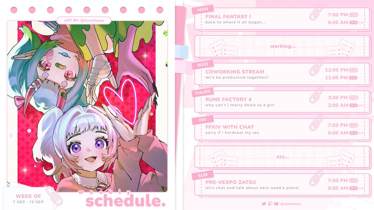elydotexe's tweet photo. 📝stream schedule for this week!! 

💘sep 7 - 13💘 
❣ 7th: final fantasy I 
❣ 9th: coworking 
❣ 10th: rune factory 4 
❣ 11th: ffxiv (see i promised) 
❣ 13th: chitchat and hang out!

can't wait to see you all soooon 💼❣ https://t.co/zbhZPLcA3D