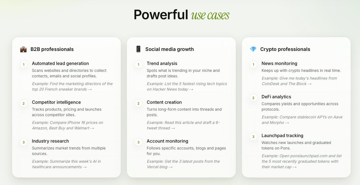 PonsNavigator's tweet photo. What do people actually use PONS Navigator for? 🧭

B2B
→ Find the marketing directors of the top 20 sneaker brands
→ Compare a product's price across Amazon, Best Buy and Walmart
→ Summarize this week's AI in healthcare news

Social
→ List the 5 fastest rising topics on Hacker News
→ Turn an article into a 6-tweet thread
→ Pull the 3 latest posts from any blog

Crypto
→ Today's headlines from CoinDesk and The Block
→ Compare stablecoin APYs on Aave and Morpho
→ List the latest graduated tokens on Pons with their market cap

Type it. Chrome opens. Navigator does it, live.

Every example is one click away on the site 👇
https://t.co/C6zG6g6Hcv