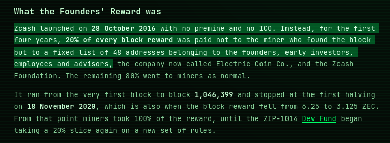 GhostofMapl's tweet photo. A premine by any other name...

Coins issued: 2,100,000 ZEC

20% of every block reward for the first four years went direct into the pockets of its greedy little founder (@zooko), early investors, and the VC scumbags you see peddling this centralised shitcoin today. https://t.co/tqy0FZDlgP