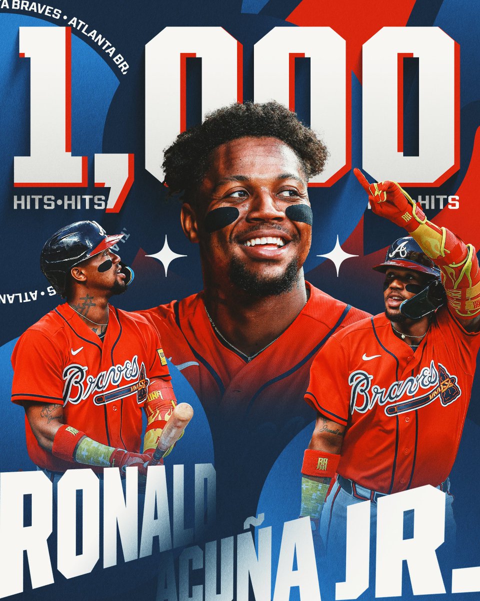 MLB's tweet photo. Ronald Acuña Jr. reaches 1,000 career hits with a very Ronald Acuña Jr. hit 😮‍💨 https://t.co/Am8icJqpAS