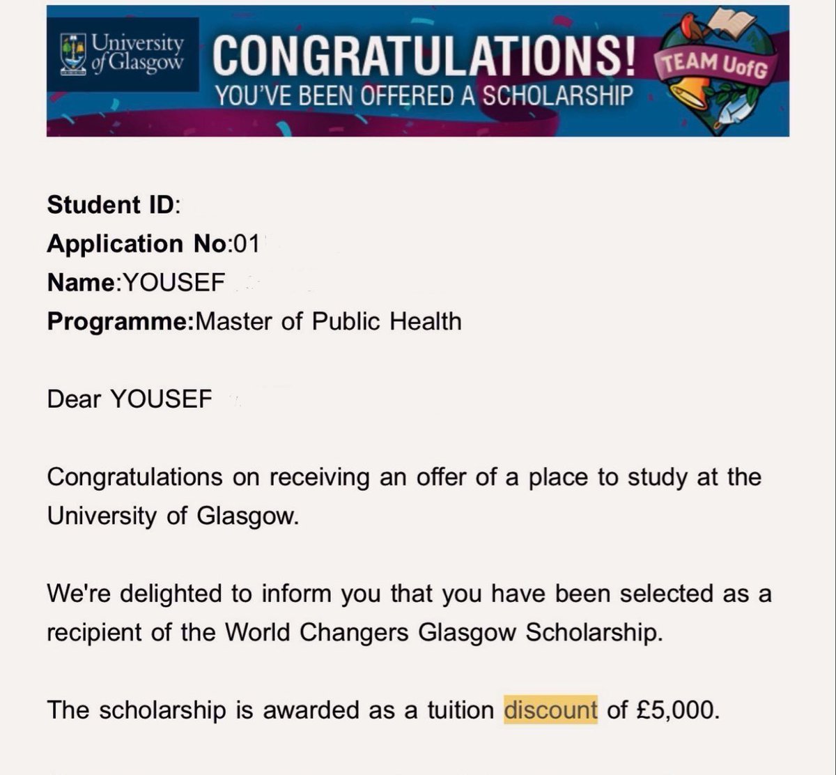 yousef_ki1's tweet photo. My University of Glasgow deposit is paid, my visa fees are paid, and I’ve received the £5k World Changers Glasgow Scholarship! Now I just need to complete the tuition fees.

If you’re scrolling, PLEASE leave a dot . just a dot.

https://t.co/e5mE0dbghb https://t.co/6UGp8UZqPs