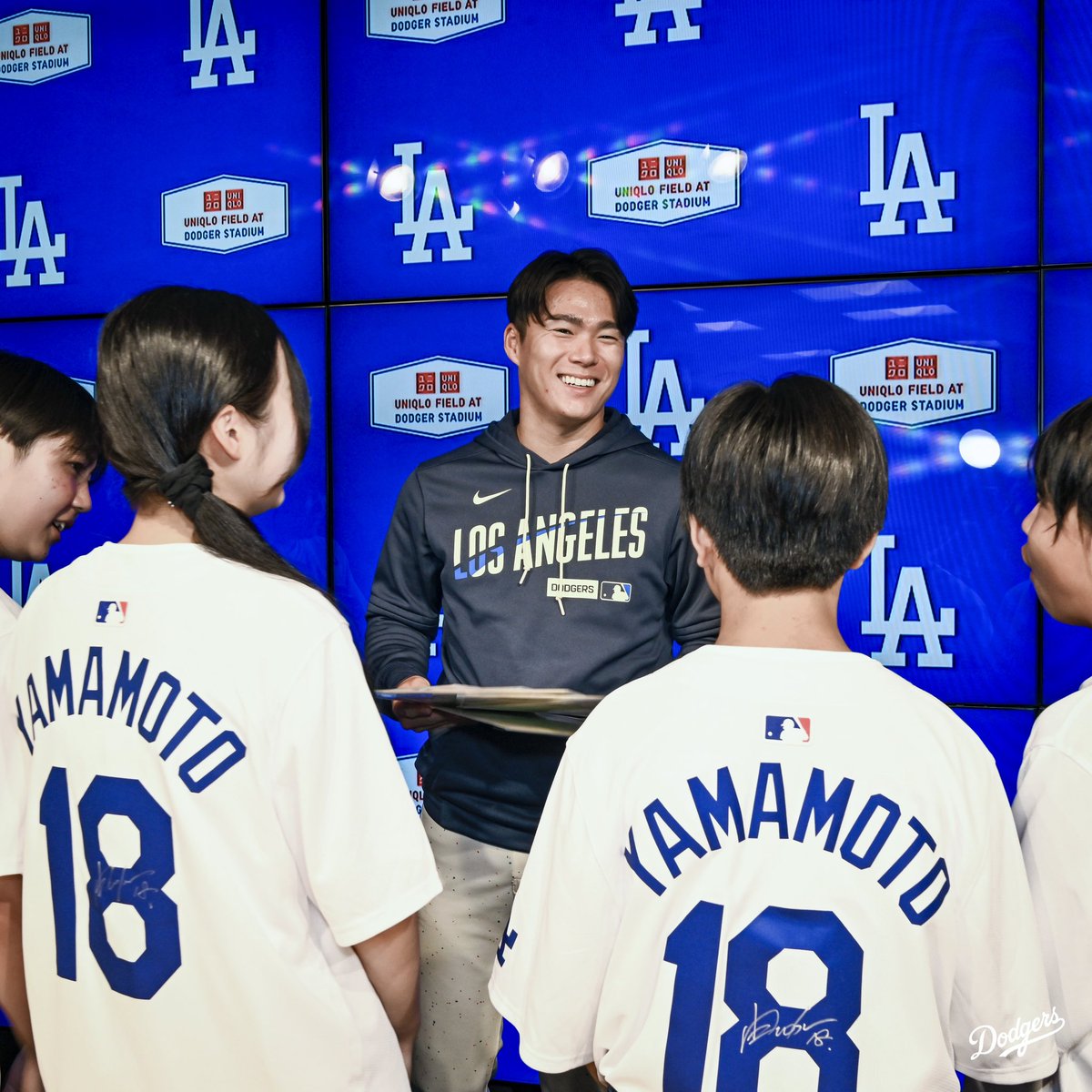 Dodgers's tweet photo. In honor of his bobblehead night, Yoshinobu invited kids from a foster care facility in Japan that he met earlier this year, making good on his promise that he’d see them again. 🥹 https://t.co/cNEzVXRzAC