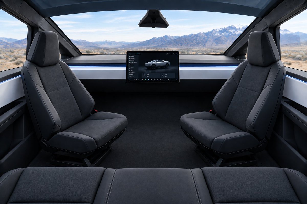 dtkachev's tweet photo. When will @cybertruck join @robotaxi fleet?
- Steering wheel delete (simpler IP)
- Pedal blocks delete
- Mirrors delete 
+ Starlink

Feature bloat:
+ Camera wash module upgrades
+ Center console delete / redesign with child seat integration for 6th passenger. 
+ Swivel front seats (integrated seat belts)
+ Metal roof panel

Rationale:
- Airports / Luggage
- Winter (4x4)
- 2+ capacity / Family / UberXL
- Rural / Unpaved roads 30% US / 65% Global - different market from Robovan
- Utility / Truck bed
- Emergency power / WiFi provider on demand per hour / kWh billing 
@wmorrill3 @larsmoravy @woodhaus2