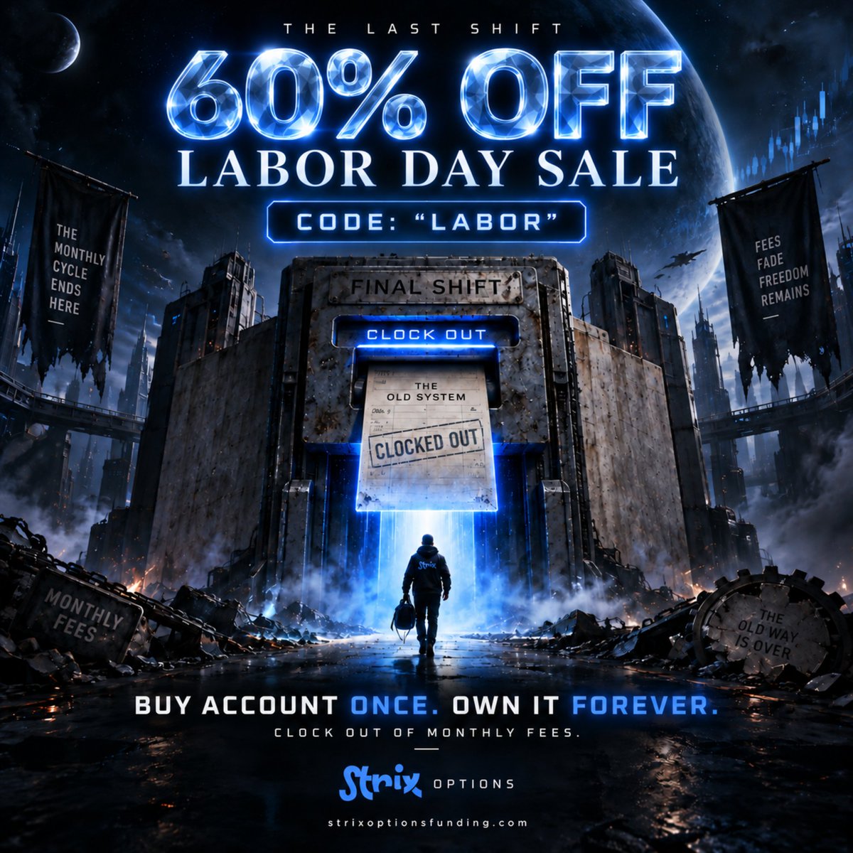 StrixOptions's tweet photo. Today we're celebrating the people who actually put in the work. To mark it, we're running our biggest sale of the year: 60% off every Strix evaluation with code LABOR.

This is the last shift for monthly fees. Buy your account once, own it forever — no subscriptions, no renewals, no clock always running out on you.

⏰ Ends Tuesday at 11:59 PM EST. When it's gone, it's gone.

If you've been waiting for a sign to start trading options with real firm capital, this is it. Clock out of the old system. Clock in to Strix.

👉 Use code LABOR