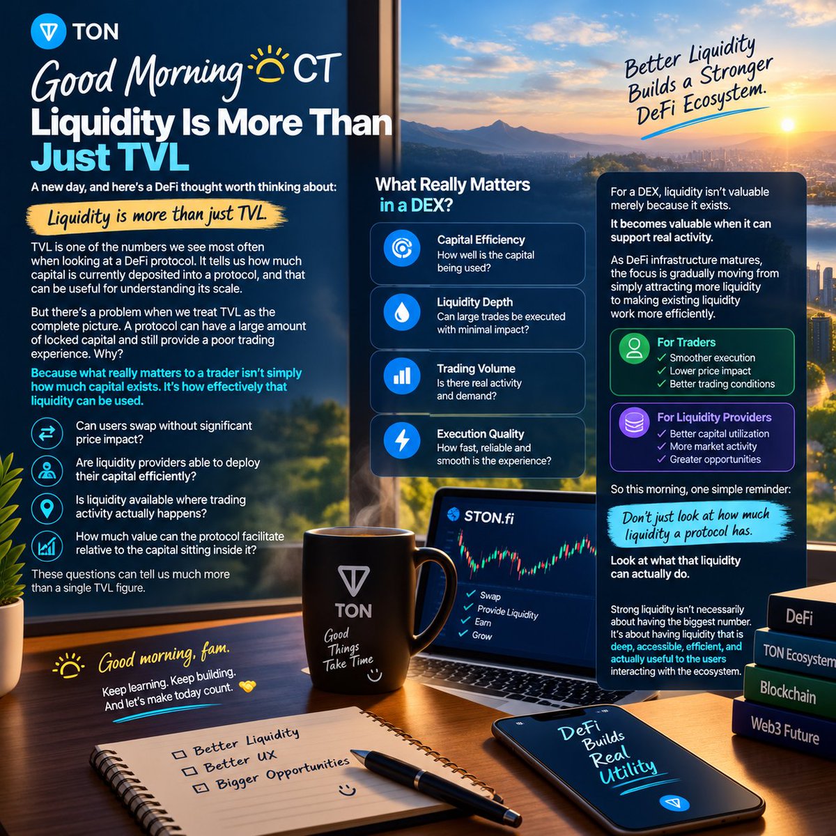 KhalidMetaX's tweet photo. Good Morning CT 🌅

A new day, and here’s a DeFi thought worth thinking about:

Liquidity is more than just TVL.

TVL is one of the numbers we see most often when looking at a DeFi protocol.

It tells us how much capital is currently deposited into a protocol, and that can be useful for understanding its scale.

But there’s a problem when we treat TVL as the complete picture.

A protocol can have a large amount of locked capital and still provide a poor trading experience.

Why?

Because what really matters to a trader isn't simply how much capital exists.

It’s how effectively that liquidity can be used.

Can users swap without significant price impact?

Are liquidity providers able to deploy their capital efficiently?

Is liquidity available where trading activity actually happens?

How much value can the protocol facilitate relative to the capital sitting inside it?

These questions can tell us much more than a single TVL figure.

This is why concepts like capital efficiency, liquidity depth, trading volume, and execution quality deserve more attention.

For a DEX, liquidity isn't valuable merely because it exists.

It becomes valuable when it can support real activity.

And this is one area where the evolution of DeFi infrastructure is particularly interesting.

As decentralized exchanges mature, the focus is gradually moving from simply attracting more liquidity toward making existing liquidity work more efficiently.

That matters for both sides of the market.

For traders, better liquidity can mean smoother execution and potentially lower price impact.

For liquidity providers, better capital utilization can mean their deposited assets have a greater opportunity to contribute to actual market activity.

This is also why I think evaluating a DEX requires looking beyond headlines.

Instead of asking only:

“How much TVL does it have?”

I’d rather ask:

“How efficiently is that liquidity working?”

Because the goal of DeFi shouldn't be to make capital sit still.

The goal should be to make capital useful.

As TON’s DeFi ecosystem continues to develop, this distinction will become increasingly important.

Strong liquidity isn't necessarily about having the biggest number.

It’s about having liquidity that is deep, accessible, efficient, and actually useful to the users interacting with the ecosystem.

So this morning, one simple reminder:

Don’t just look at how much liquidity a protocol has.

Look at what that liquidity can actually do.**

Good morning, fam. ☕️

Keep learning. Keep building.
And let’s make today count. 🤝