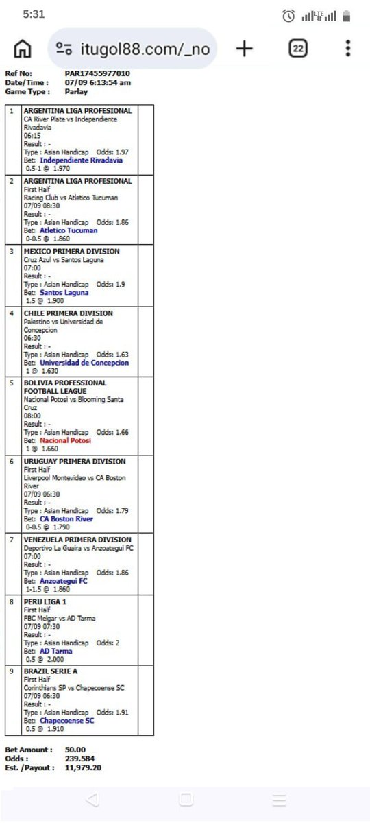 Perkara_Bola's tweet photo. 🔥 PARLAY 9 TIM ⚽🔥

 Independiente Rivadavia +0.75 
 Atletico Tucuman +0.25
 Santos Laguna +1.5 
 Universidad de Concepcion +1 
 Nacional Potosi -1 
 CA Boston River +0.25 
 Anzoategui FC -1.25 
 AD Tarma +0.5 
 Chapecoense SC +0.5 

#parlay #prediksibola #itugol https://t.co/hf3LBvUbTd