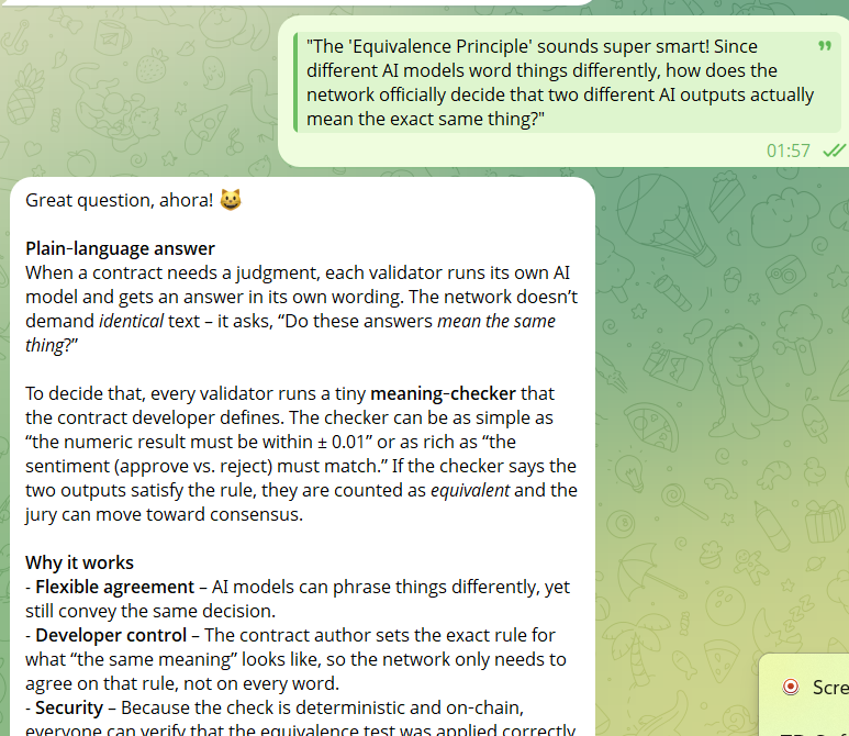 gandom4011's tweet photo. Deep dived into@GenLayerwith Mochi onTelegram! Learned how the Equivalence Principle solves non-deterministic AI consensus by focusing on meaning rather than exact phrasing. The idea of an AI jury with staked honesty makes smart contract arbitration super practical. https://t.co/zvaRd0J3XN