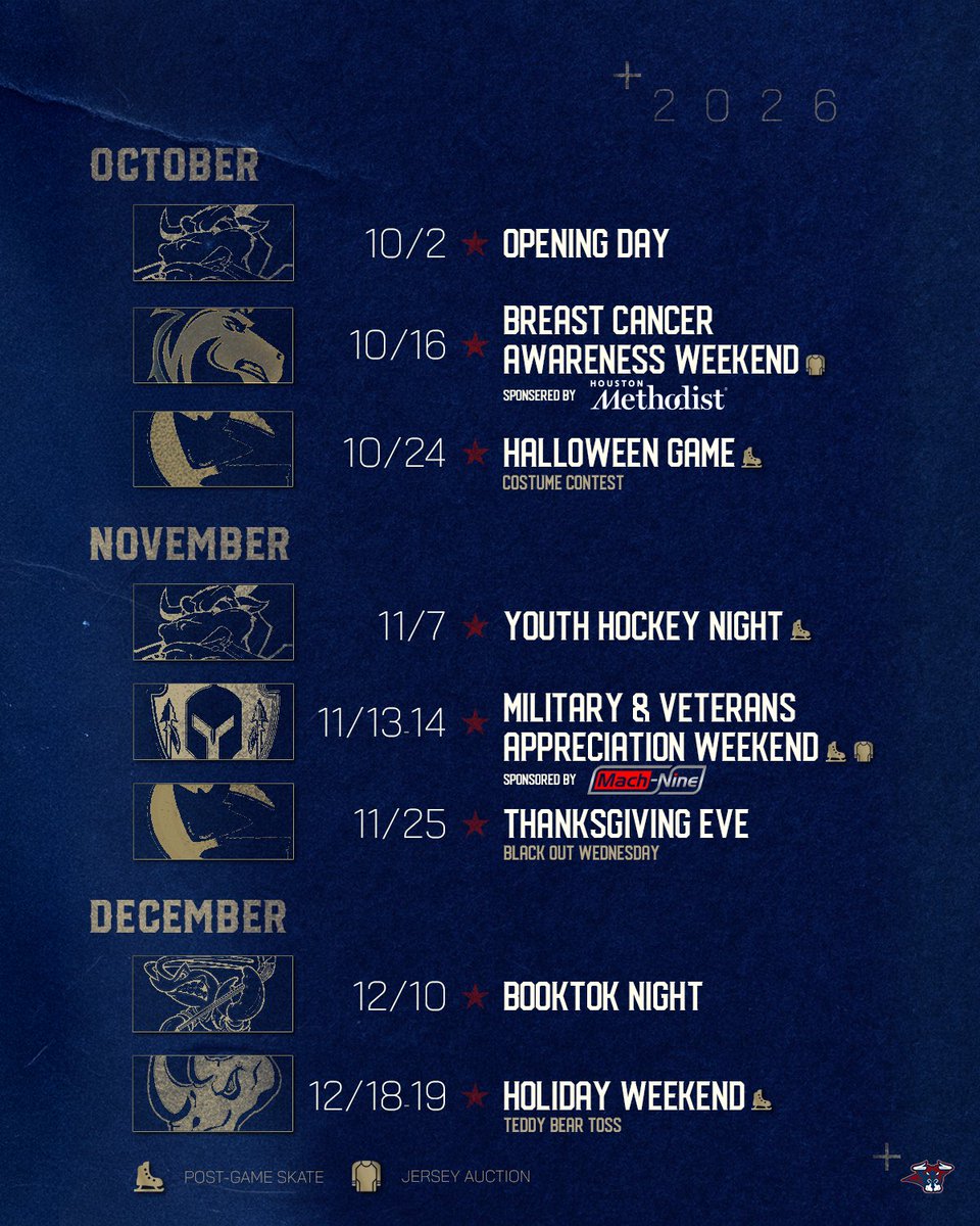 HoustonBulls's tweet photo. Introducing the 2026-27 Houston Bulls Promo Schedule! 

MARK YOUR CALENDARS 🗓️🚨

#HTownHockey | #NAHL | #JoinTheHerd https://t.co/asOBM9dWge