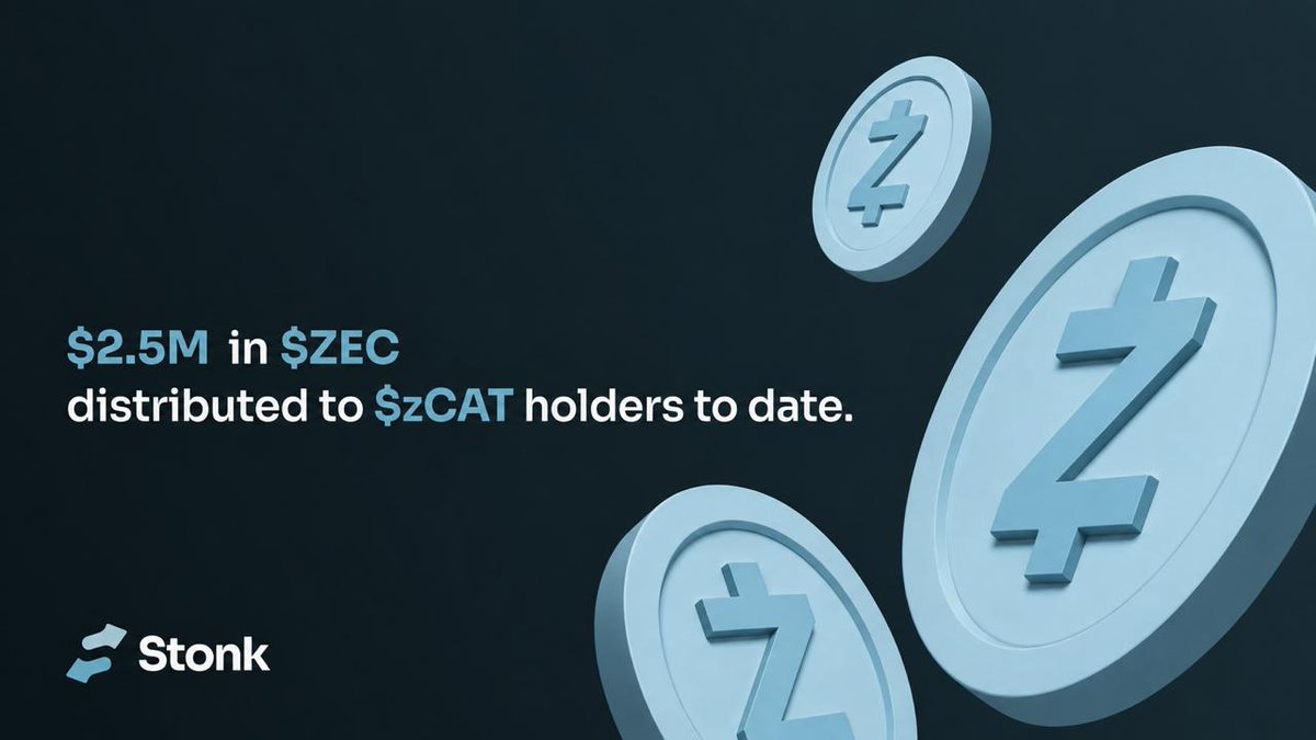 LaunchOnSF's tweet photo. Over $2,500,000 worth of ZEC has been distributed to ZCAT holders.

The StonkFun flywheel continues. https://t.co/Pwr2Gt7ZZZ