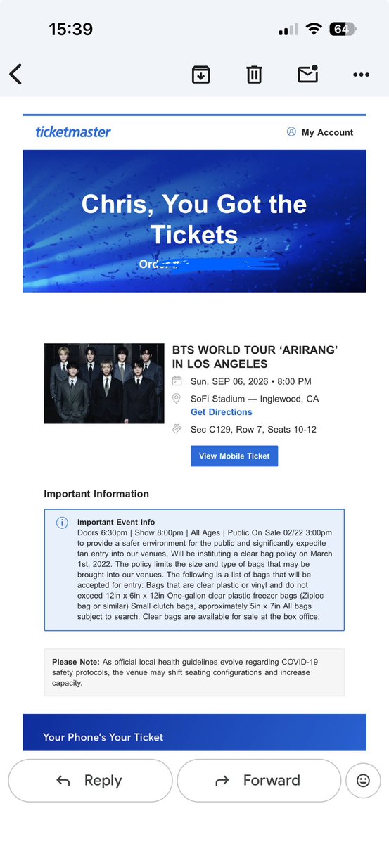 chris_vante's tweet photo. Selling 3 BTS tickets for d4, 9/6 at SoFi Stadium in LA. Selling below face value!! but willing to negotiate, I can’t go and I just wanna get my money back please!! 🙏😭
@875tickets #875ticketsale https://t.co/1SOW8EedYA