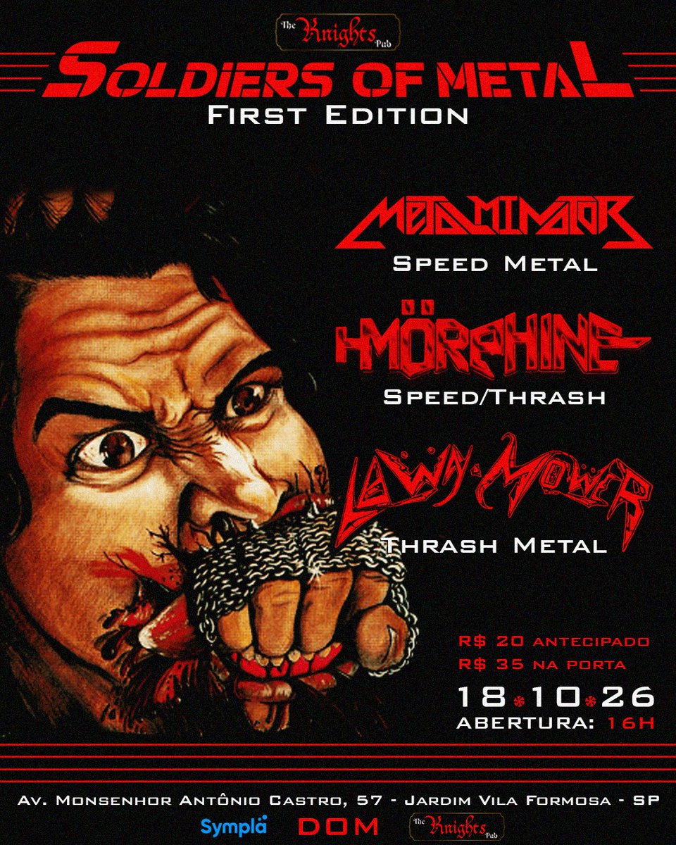metalminator's tweet photo. O primeiro Soldiers of Metal está chegando com velocidade e agressividade no dia 18/10/2026 no Knights Pub em SP. 

📍 Av. Monsenhor Antônio Castro, 57 - Jardim Vila Formosa - SP

18/10 (Domingo) a partir das 16h

🎟️ Ingressos: https://t.co/zJLjNNVa72 https://t.co/19tuuohNu2