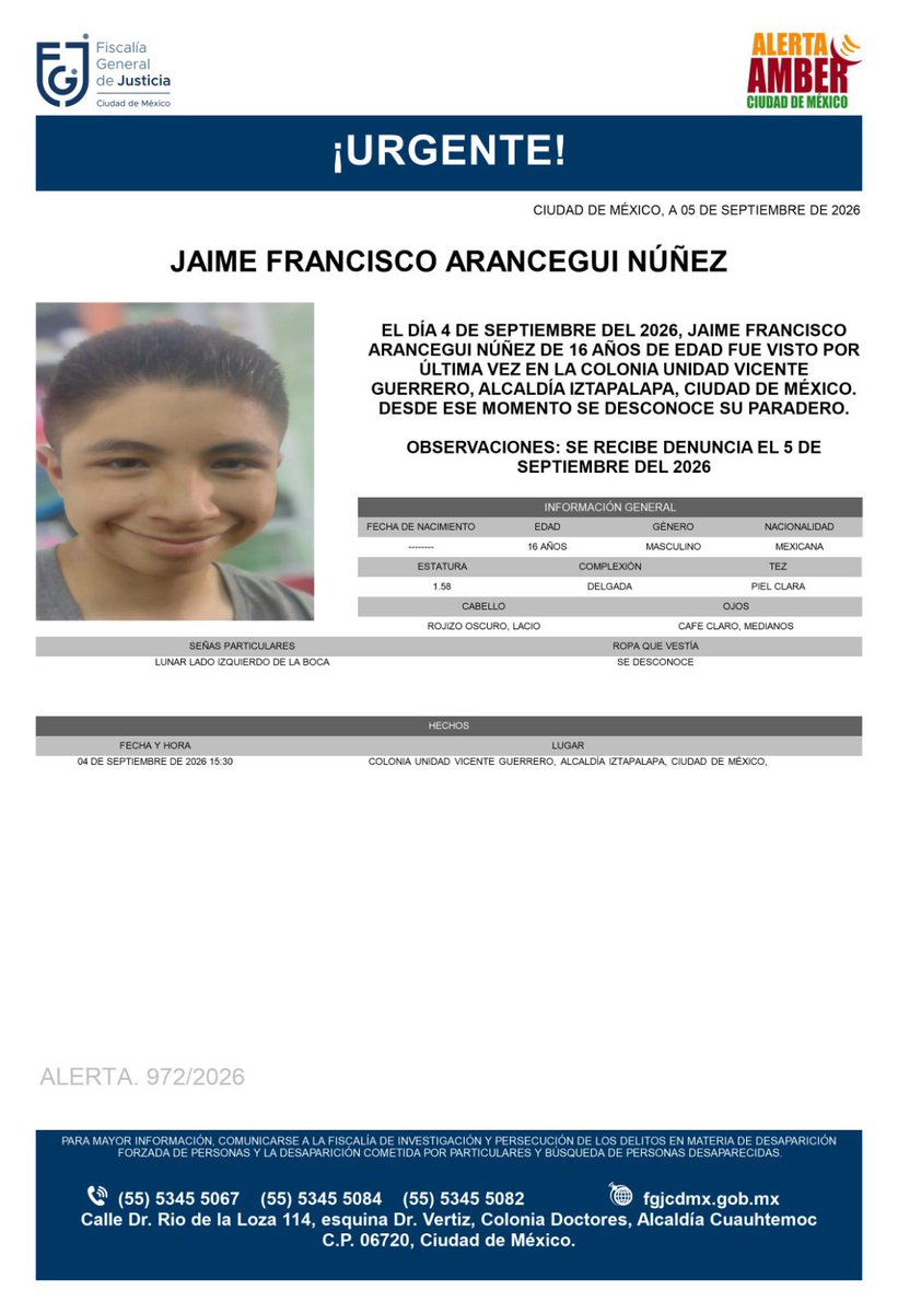 AAmberCDMX's tweet photo. Se activa #AlertaAmber para localizar a Jaime Francisco Arancegui Núñez, de 16 años, visto por última vez el pasado 4 de septiembre, en la colonia Vicente Guerrero, alcaldía Iztapalapa. https://t.co/GvkqNC3qoM