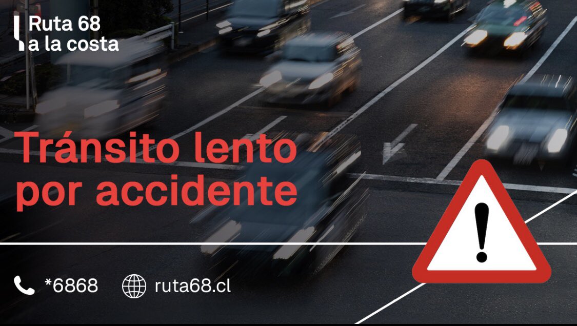 Ruta68cl's tweet photo. 🔴 [INFORMACIÓN] A esta hora se registra tránsito lento por accidente  desde el km. 67,3 al km. 66,2, sector enlace #Algarrobo con dirección a #Santiago. Conduzca con precaución. @mop_chile @radiocarab @biobio @TTISantiago @TTIValparaiso https://t.co/4OampWsM6V