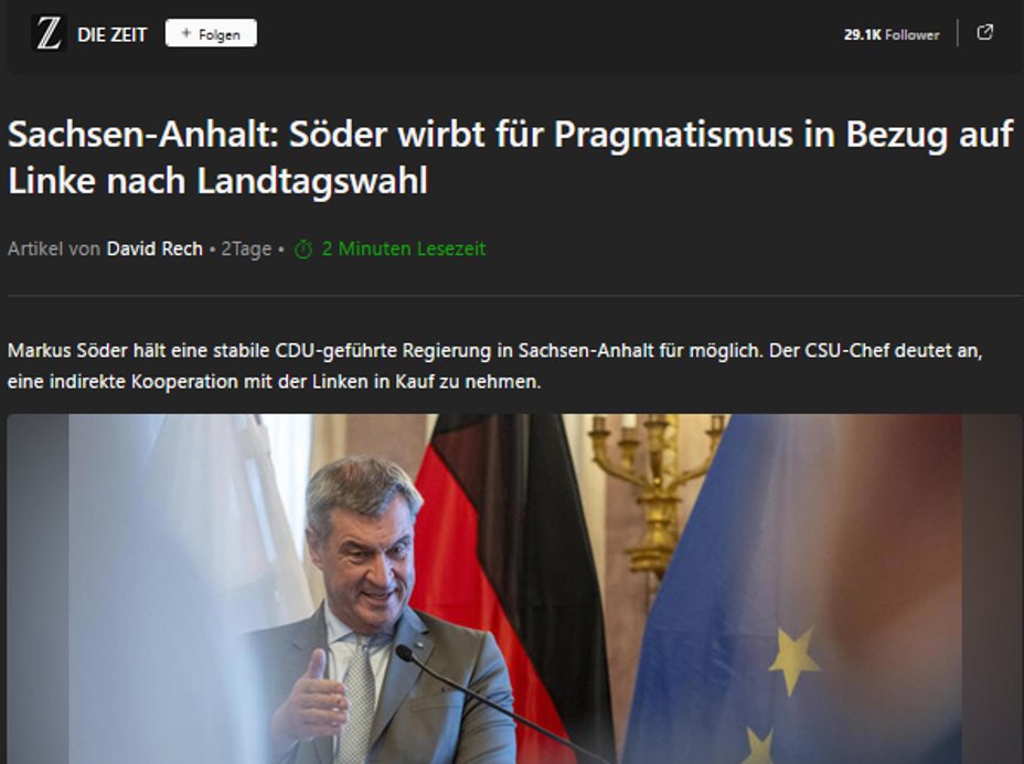 BjoernLerch's tweet photo. Faszinierend, dass die ehemalige Volkspartei #CDU nun in #SachsenAnhalt einen Regierungsauftrag sieht! 🧐

Nun werden sich alle erholen müssen –Ab Morgen kann die #AfD dann weiter ‚halbiert‘ werden. Ich wünsche gutes Gelingen 👍👍👍 https://t.co/nAjntkjHmL