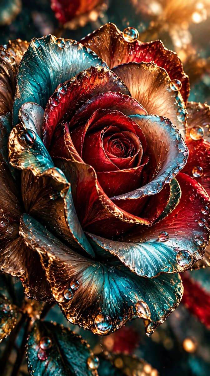 mythoughts_ai's tweet photo. ✨ “Chromatic Alchemy”
“When colors collide, beauty is born—not from perfection, but from the magic of becoming something unexpected.” 🌹✨
#SurrealRose #ColorAlchemy #TealAndRed #BronzeGlow #IcyBlue #GoldenEdges #FantasyArt #SurrealArt #MacroArt #DigitalArt #AIArt #Artistic https://t.co/8fsAmjf0Ol
