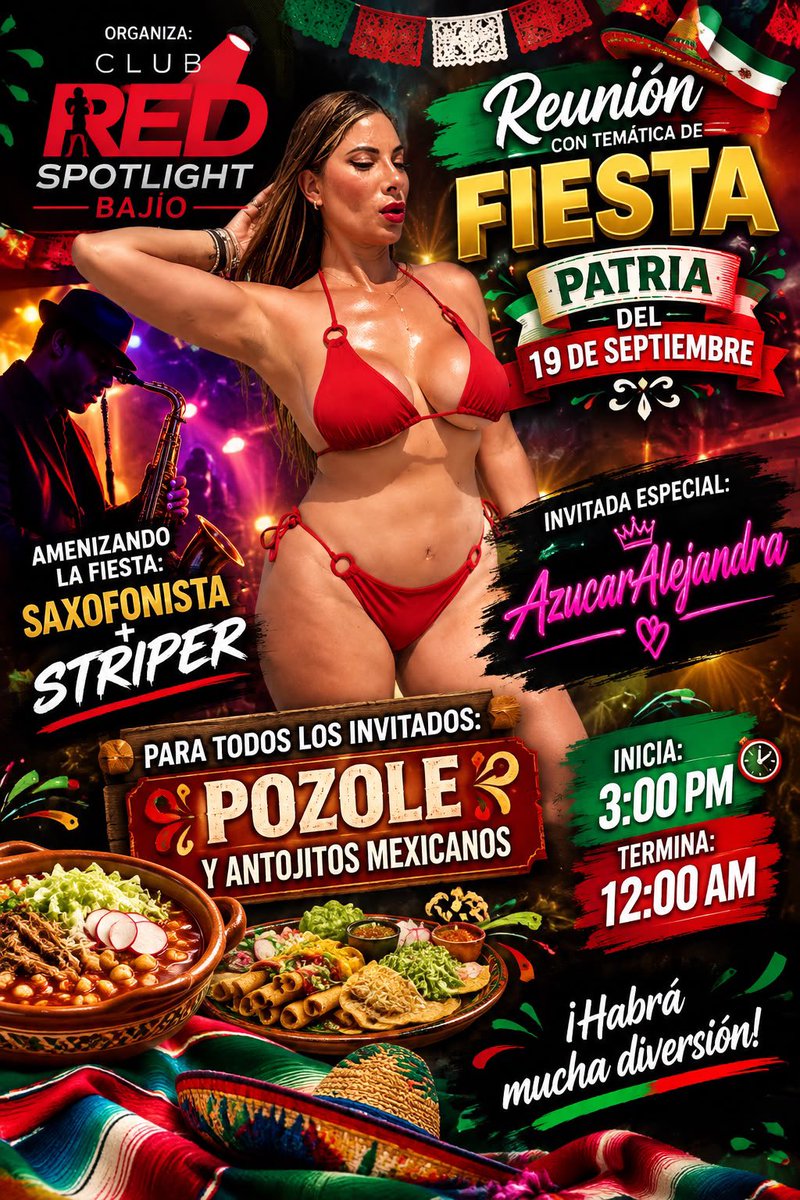 redspotligthsw's tweet photo. Fiestas Patrias México party

19 de Septiembre Leon Gto
Parejas Swinger 
Singles Cuckold 
Chicas Bi Les 
Invitada especial Azucar Alejandra 
Show Strip Sax 
Cena Mexicana
Dress Code Colores patrios 
Cupo limitado 
Reserva por DM 

#swinger #leon #guanajuato https://t.co/wXrJ0zU5Gn