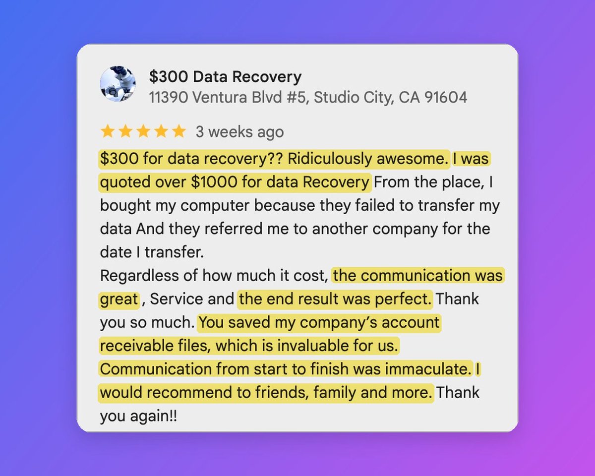 300DataRecovery's tweet photo. Paul was quoted over $1000 elsewhere. We got his company's accounts receivable files back for $300. 💾✨

"Ridiculously awesome." 💪

#300DDR #DataRecovery

https://t.co/x1YxU0ZLQm https://t.co/3sNgFzjHOT