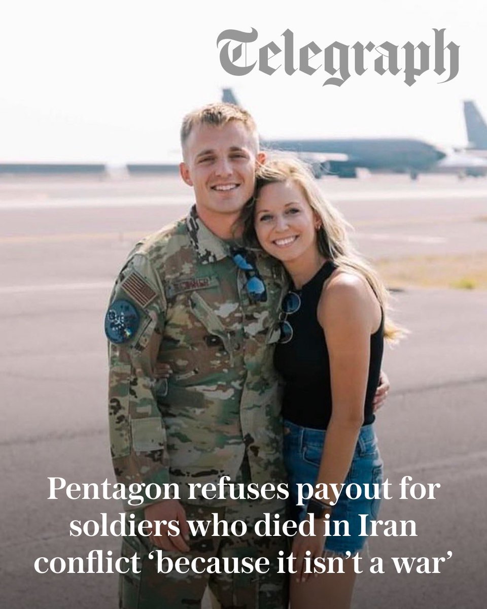 Telegraph's tweet photo. One widow wrote on social media that the US air force had deemed her ineligible for additional benefits following the death of her husband because Congress hadn’t officially declared war ⤵️

https://t.co/u2R5FZ8OzB https://t.co/pCvXxMylZc