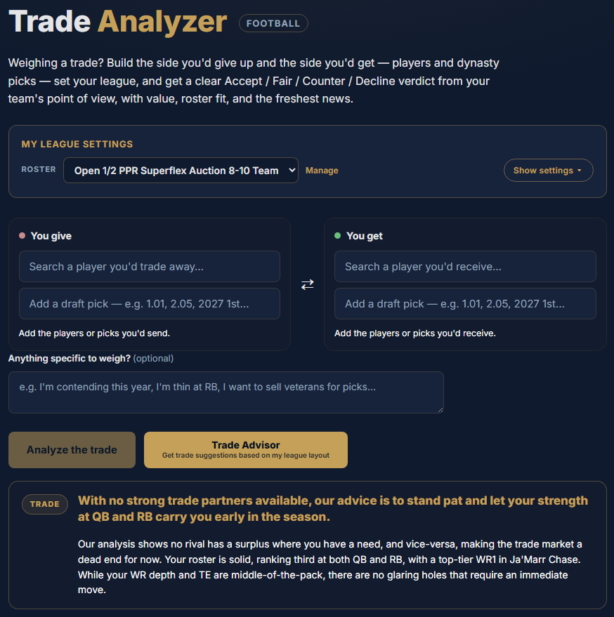 FantasyAdvisorX's tweet photo. The Fantasy Advisor Trade Analyzer is now live for Football! Along with the Start/Sit, Player, and Add/Drop Analyzers.

Come try out Fantasy Advisor free and receive the intelligence you need to make the tough decisions this fantasy season!

https://t.co/jDZTIATokz https://t.co/MBGSyL9jyQ