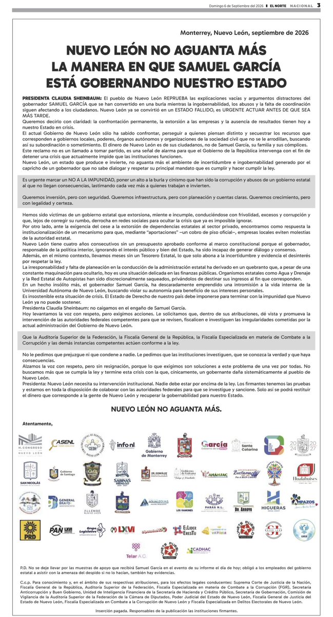 angelcharlsmty's tweet photo. Justo en el día de la visita de la Presidenta @Claudiashein a #NL, el @CongresoNL, organismos, municipios, partidos de oposición y organizaciones de la sociedad civil publicaron un desplegado advirtiendo que el Estado no aguanta la forma de gobernar del emecista @samuel_garcias. https://t.co/GMhbDIWuyM