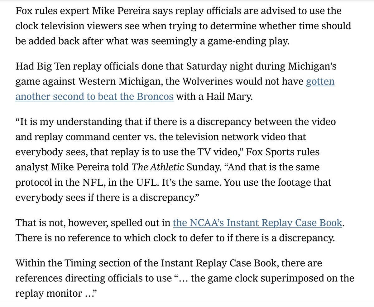 ChrisVannini's tweet photo. Mike Pereira says NFL officials are supposed to use the clock the public can see on reviews if there's a discrepancy.

It's not clear if CFB is supposed to do the same. 

From @brucefeldmancfb and @ralphDrussoATH: https://t.co/imkqpBVv7g https://t.co/949RIoLTbA