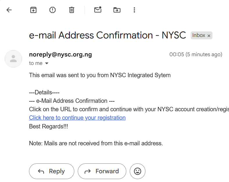 connell_dot_py's tweet photo. First to get NYSC email confirmation mail😂😂 https://t.co/mju68WM1IH