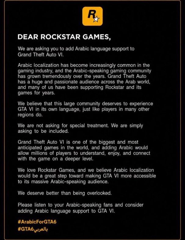 aby729's tweet photo. لاعبو العرب #ArabicForGTA6 دعونا نسمع أصواتنا! شارك هذا ووسّم Rockstar. 📣✔️@RockstarGames https://t.co/Gsz3H4iiNk