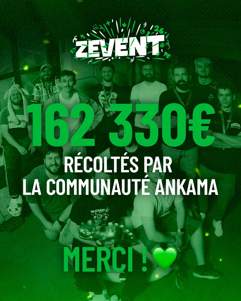 AnkamaGames's tweet photo. 💚 162 330 € RÉCOLTÉS AU TOTAL PAR LA COMMUNAUTÉ ANKAMA SUR LE ZEVENT !!

Derrière ce chiffre, il y a surtout vous tous, la communauté : généreuse, passionnée et présente jusqu’à la dernière seconde !

Merci à vous et à nos créateurs d'avoir soutenu tout du long, toutes les idées un peu folles et surtout cette belle cause. Merci, vraiment 💚