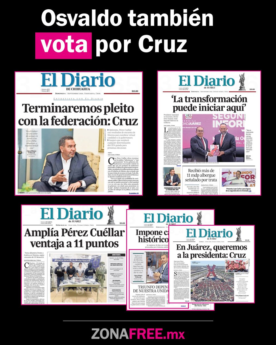 ZonaFreeMX's tweet photo. 🔴 Osvaldo Rodríguez Borunda, dueño de El Diario, ha cobrado $241 millones a @MaruCampos_G para encubrir su corrupción y quiere el doble en la siguiente administración.

—Cruz Pérez Cuéllar le ha pagado $100 millones del erario de Ciudad Juárez para promover su candidatura. https://t.co/gbppUiVxnh