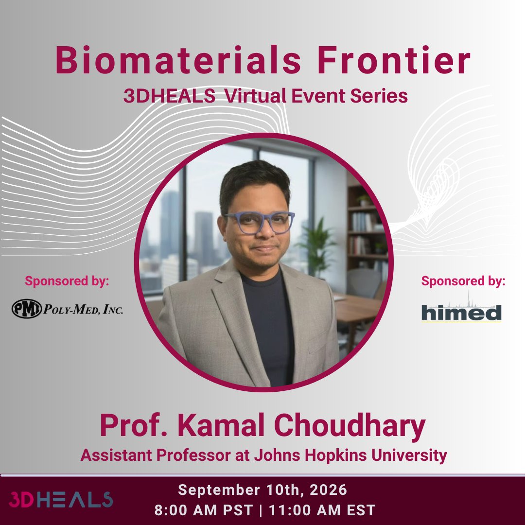 3dheals's tweet photo. 🧬 Meet our speaker: Prof. Kamal Choudhary

Assistant Professor of Materials Science & Engineering at Johns Hopkins and an elected APS Fellow, Kamal designs materials at the atomic scale using quantum mechanics and machine learning. He created the JARVIS, AtomGPT, and ChatGPT Material Explorer platforms — used by 200,000+ people worldwide — and has published 100+ papers with 10,000+ citations.

He joins us on how AI is accelerating biomaterials discovery.

📅 Biomaterials Frontier | Sept 10, 2026 | Free webinar
🔗 Register: https://t.co/6O5Q9zUvSz
#Biomaterials #MachineLearning #MaterialsScience #AI #ComputationalMaterials #3DPrinting #3DHEALS
