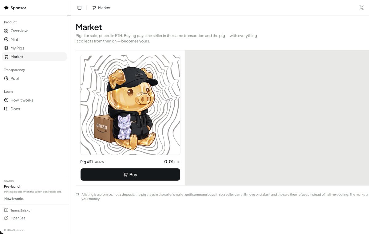 SponsorPons's tweet photo. Marketplace is live!

Buy and sell Sponsor NFTs directly on our site. Zero marketplace fees. Sellers receive 100% of the sale price.

Your pig stays in your wallet and keeps collecting rewards until it sells. Once sold, the rewards follow the pig to its new owner.

To sell, open My Pigs and tap Sell.
To buy, open Market and pick your pig.

Start trading at https://t.co/d89GaFygeD