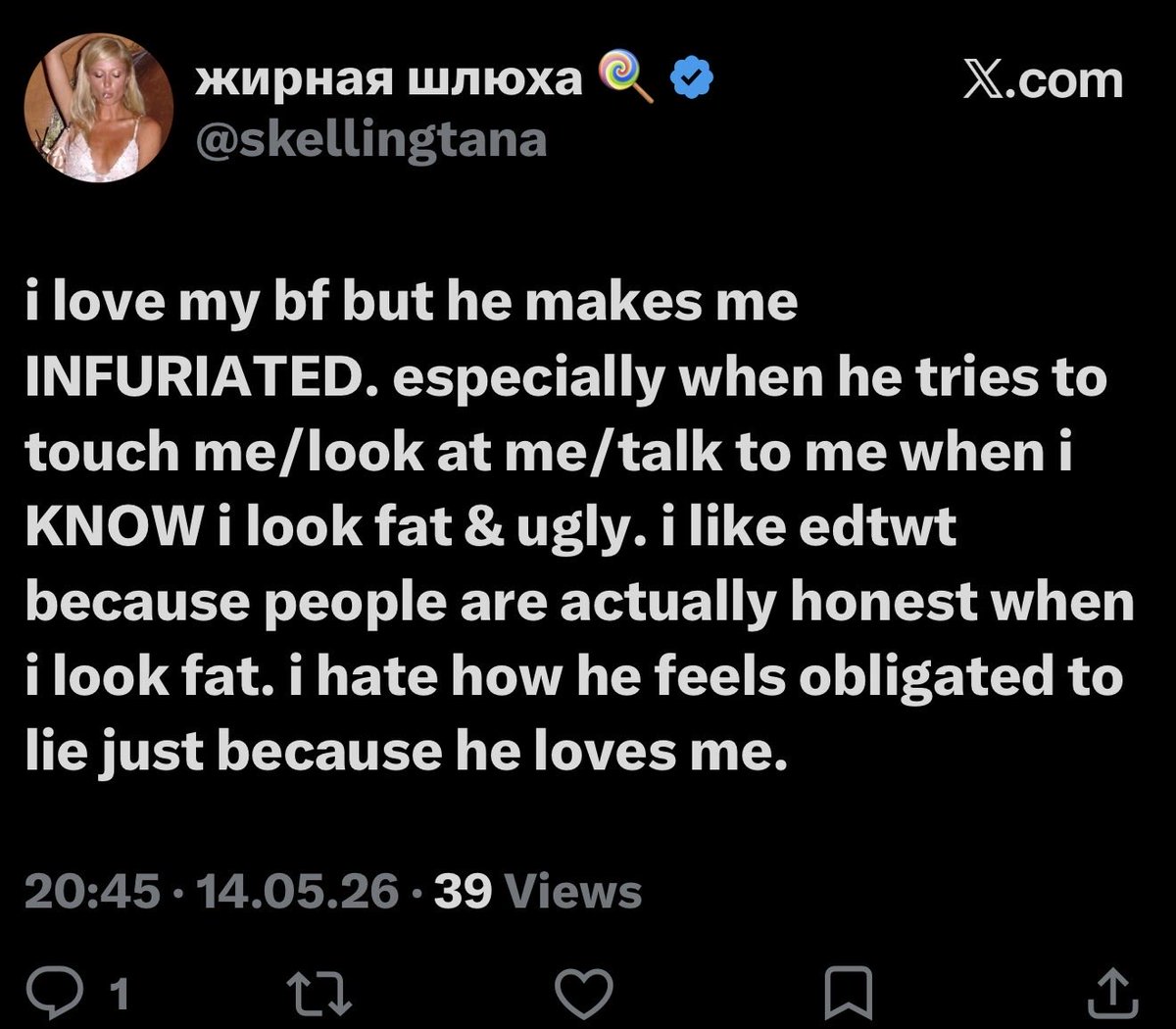 Zlata53o's tweet photo. @skellingtana Projecting 😂😂 YOU are gonna stay ugly and FAT forever no matter how much you try to put in other people lolllll https://t.co/3hP8QjMtMY