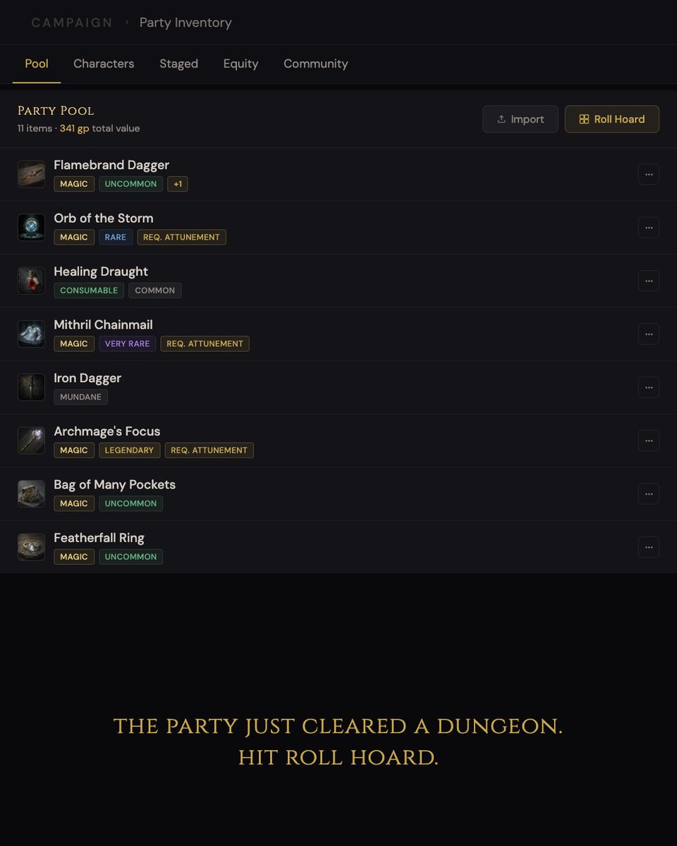 QuillGm's tweet photo. Stop thumbing through the DMG mid-session. Loot Generator lets you dial in rarity weights, pick a template, and roll a full balanced hoard in one tap, then stage it until your party opens the chest.
#dnd #dungeonsanddragons #dndtips #ttrpg #duneonmaster https://t.co/3pEGMS0xGD