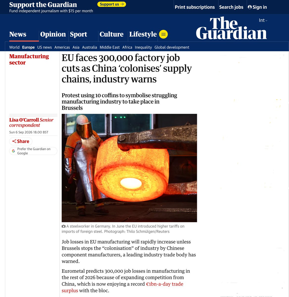 OopsGuess's tweet photo. Europe calling Chinese trade “colonisation” is fucking obscene.

Britain fought two Opium Wars against China to force open Chinese markets while British merchants flooded the country with opium.

That was colonialism.

China selling cheaper steel, chemicals, machinery and industrial components to willing European buyers is called trade.

Apparently colonialism now means:

“We opened the market, and then somebody else became better at manufacturing than us.”

And spare me the sudden tears over 300,000 European factory jobs.

When China entered the WTO era and its old industrial base went through brutal restructuring, more than 20 million of Chinese workers lost their jobs. Entire northeastern industrial communities absorbed the human cost — unemployment, broken families, lost livelihoods and despair.

Where was Europe’s civilizational mourning then?

Chinese workers were told:

adapt. compete. reform. become efficient.

Now European industry faces the same pressure and suddenly competition itself is “colonisation.”

So Chinese workers losing their livelihoods was economic reform.
European workers losing theirs is Chinese aggression.

Fascinating moral arithmetic.

And the article accidentally admits the real problem:

European companies will continue buying from China because they have shareholders to satisfy.

There it is.

China did not invade Europe.
China did not force Europe at gunpoint to buy Chinese components.

European companies are choosing Chinese suppliers because they are cheaper, faster and more competitive.

Europe taxed its energy.
Europe raised its industrial costs.
Europe regulated itself into paralysis.
Europe allowed manufacturing capacity to decay.

And now it has found the perfect explanation:

China “colonised” us.

No.

China built factories.
Europe built excuses.

If losing a manufacturing competition is colonialism, perhaps Europe should apologize again for the centuries when it practiced the real thing.