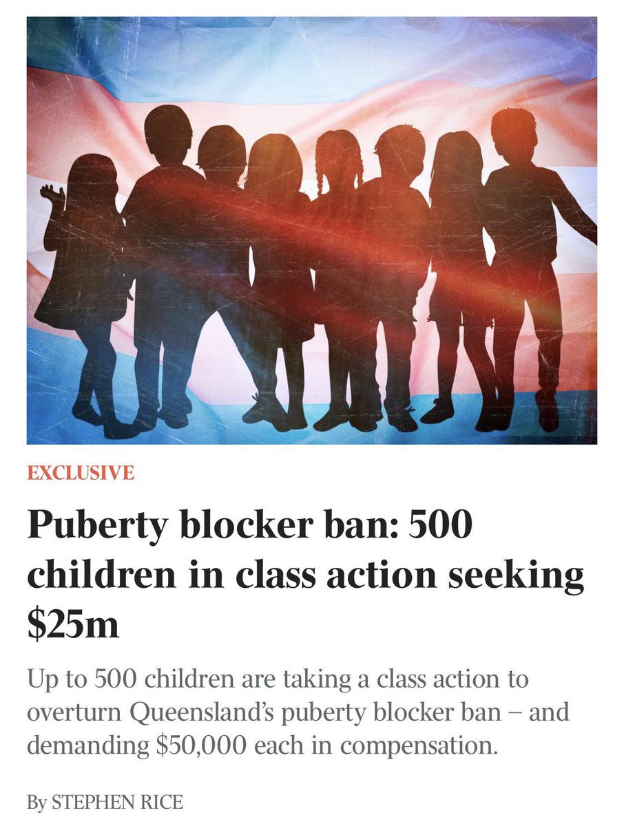 RositaDaz48's tweet photo. This is ridiculous.. these are just kids .. leave them until they are of age to make their own decisions.. this Government & many overseas have a lot to answer for!! 
Just who is behind all this !! 

Up to 500 Queensland children barred from accessing puberty blockers are seeking to overturn the ban – and claim $50,000 each in compensation – in an unprecedented class action that challenges the power of elected governments to stop gender-affirming medical treatment for minors. 
The legal case, brought on behalf of a 12-year-old child, who was four years old when first admitted as a patient of the Queensland Children’s Gender Clinic, seeks to overturn a ministerial direction banning minors from receiving puberty blockers and hormone therapy at public health services if they hadn’t already started receiving that treatment. 
The children, represented by the Queensland LGBTI Legal Service, are also demanding an apology from the government and compensation for each applicant of $50,000 for “hurt, humiliation, embarrassment and distress” caused by the directions.