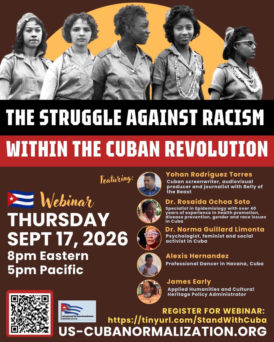 SCOTA_MN's tweet photo. Join the US-Cuba Normalization Committee's upcoming webinar to learn about the struggle against racism within the Cuban Revolution: 

Thursday, September 17th, 7 p.m. Central Standard Time. 

#CubaNoEstáSola 
#CubaEstáFirme 
#CubaNoSeRinde https://t.co/KtXiAsPLq6