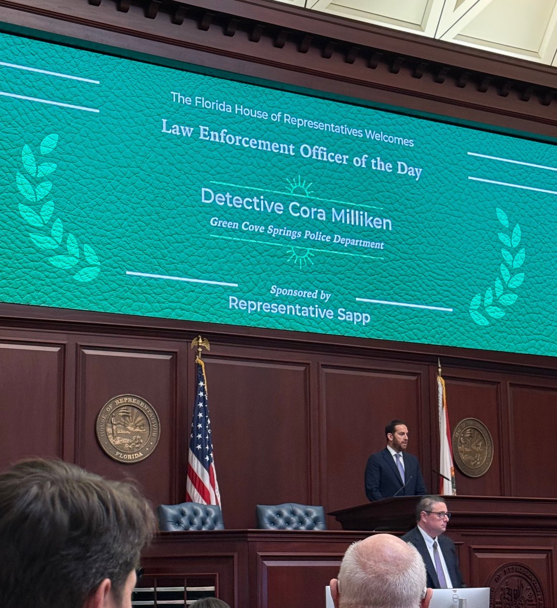 JudsonSapp's tweet photo. One of the neat things we do during the annual Legislative Session is to honor those who keep our communities safe as the Florida House of Representatives Law Enforcement Officer of the Day. 

This last Session I was able to highlight the service of Green Cove Springs Detective Cora Milliken.

Thank you Detective Milliken! #BackTheBlue